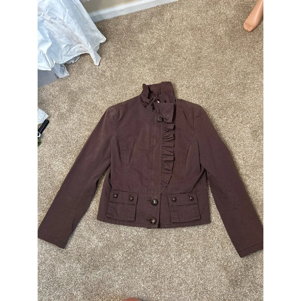 Anthropologie ELEVENSES Jacket Womens Brown Ruffle Zipper Button Lined SZ 8 - Picture 3 of 6
